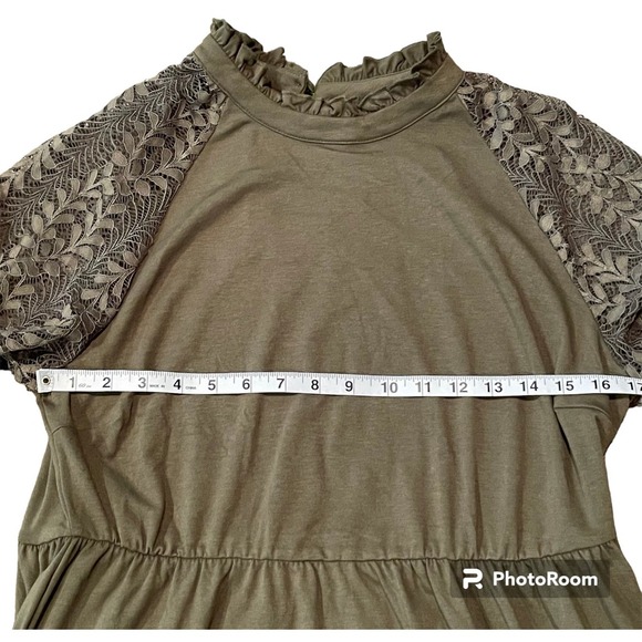 EXLURA Women’s Lace Tshirt Mini Dress Ruffle High Neck Lace Sleeve Swing Dress - Picture 4 of 6